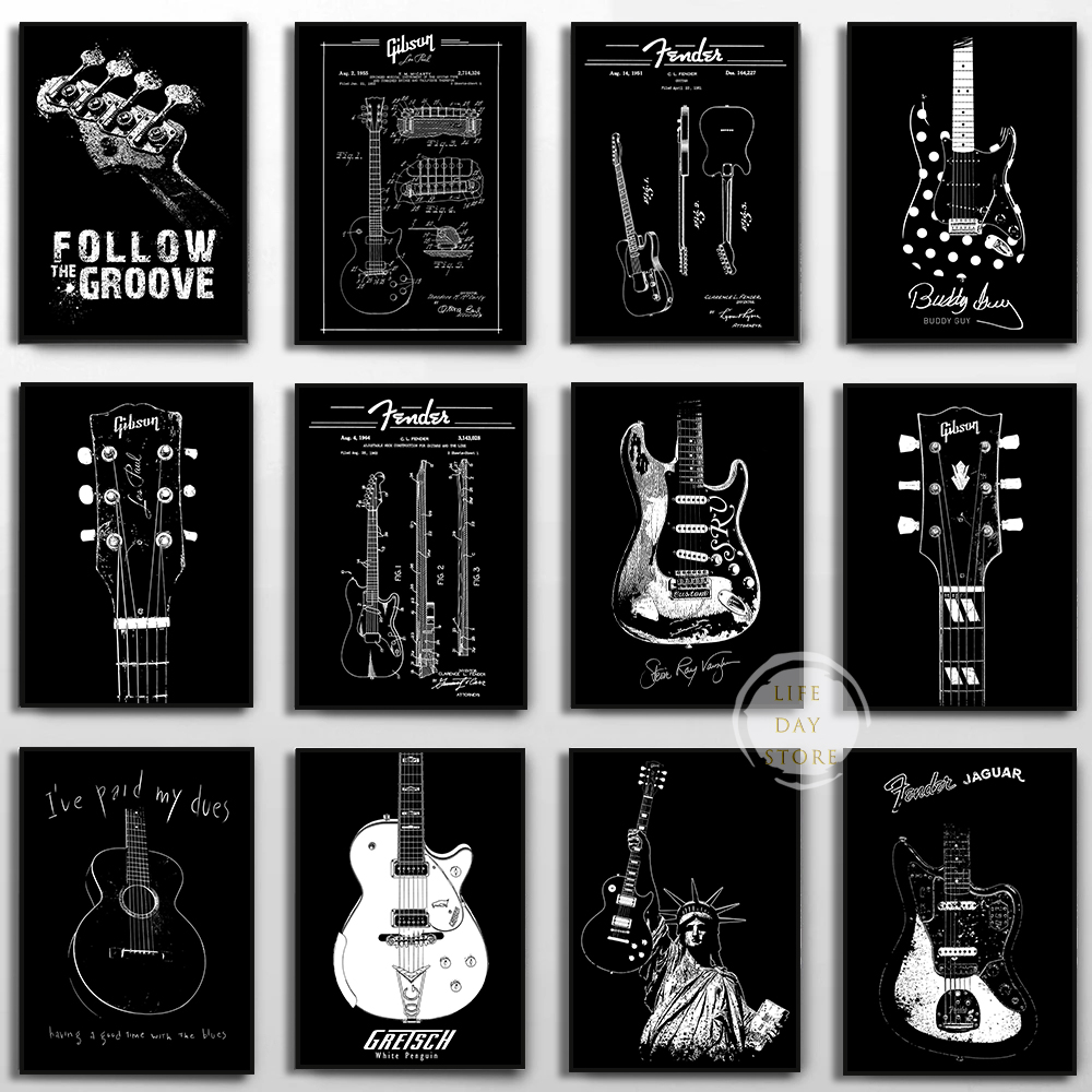 Picture Of Musical Instrument - เครื่องดนตรีกีตาร์ไฟฟ้าสิทธิบัตรโปสเตอร์พิมพ์เพลงพิมพ์เขียวศิลปะภาพวาดผ้าใบภาพผนัง Music Studio Decor