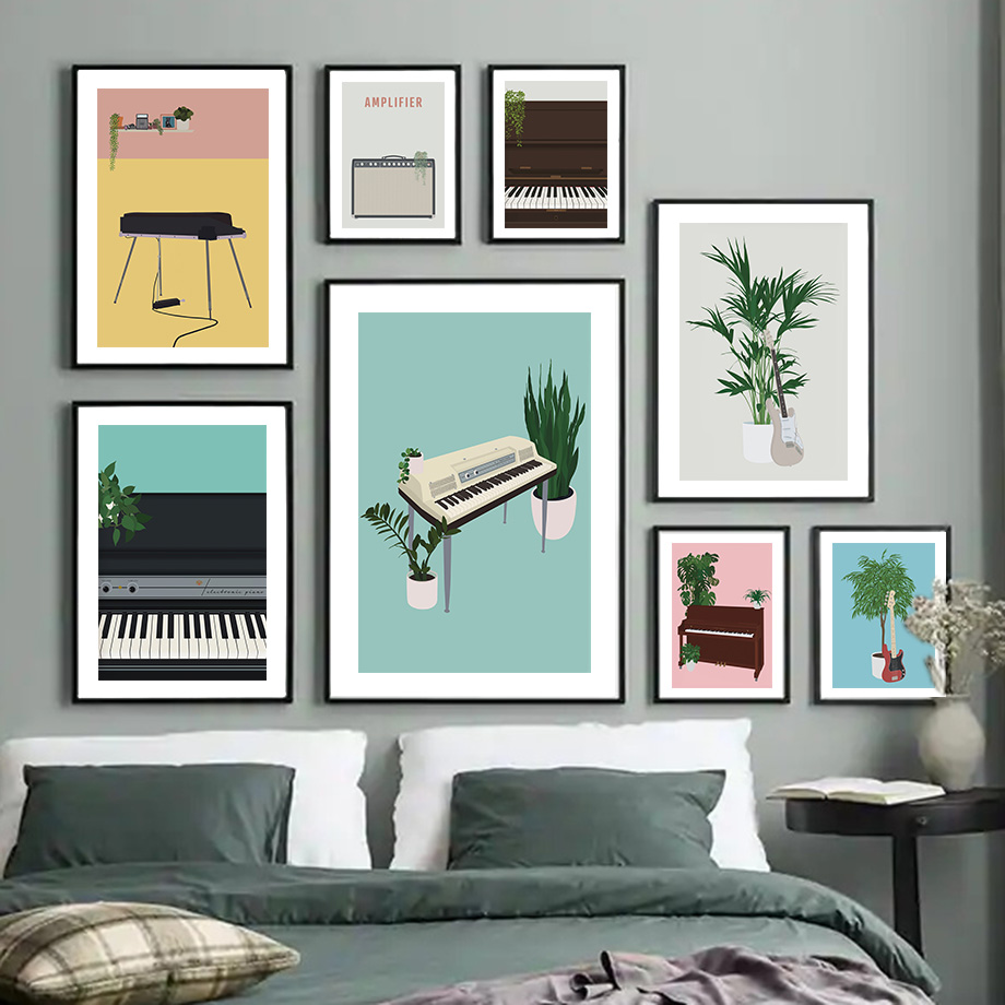Picture Of Musical Instrument - ภาพประกอบเครื่องดนตรี ภาพพิมพ์ติดผนัง ภาพวาดบนผ้าใบ เปียโน กีตาร์ โปสเตอร์สไตล์นอร์ดิก